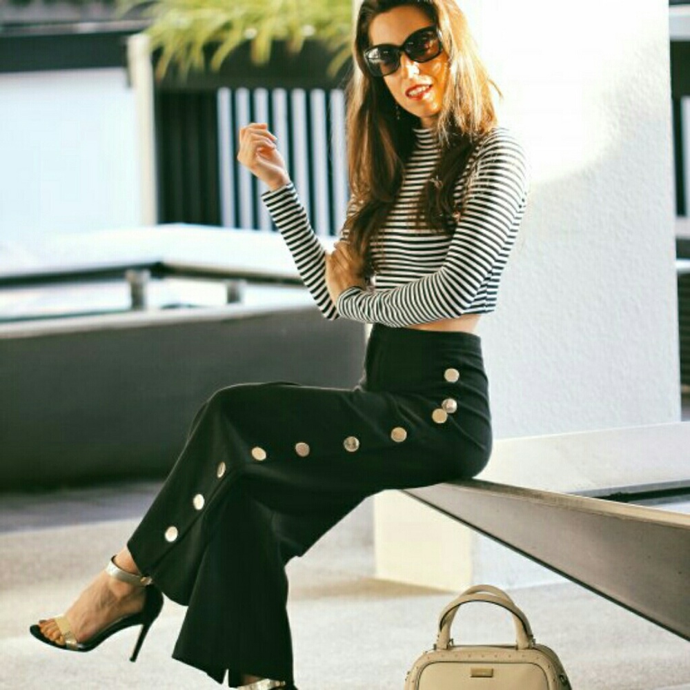 Gold Button Dress High Waist Popper Side Pant